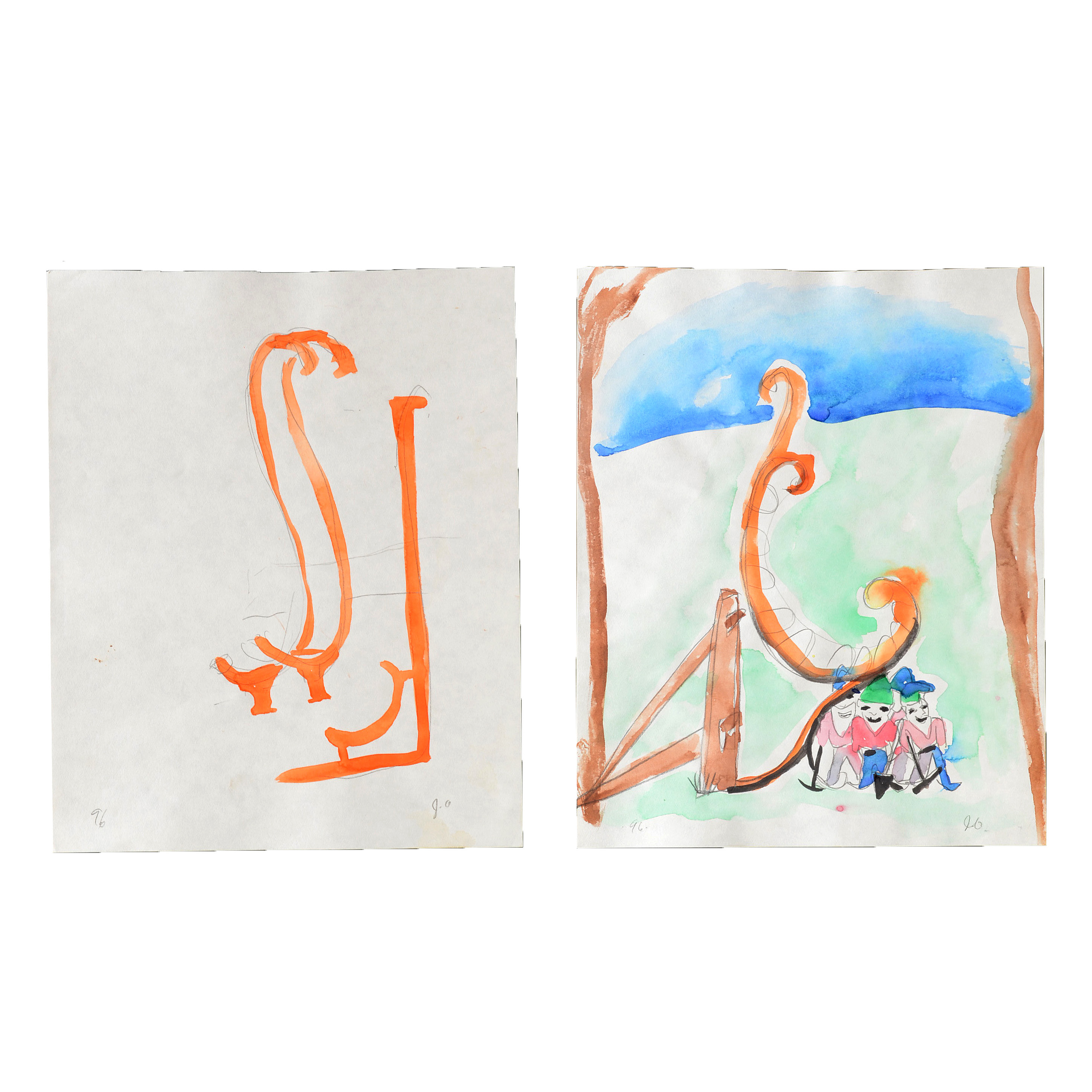Two Joel Otterson Original 1996 Watercolor Sketches from Series "