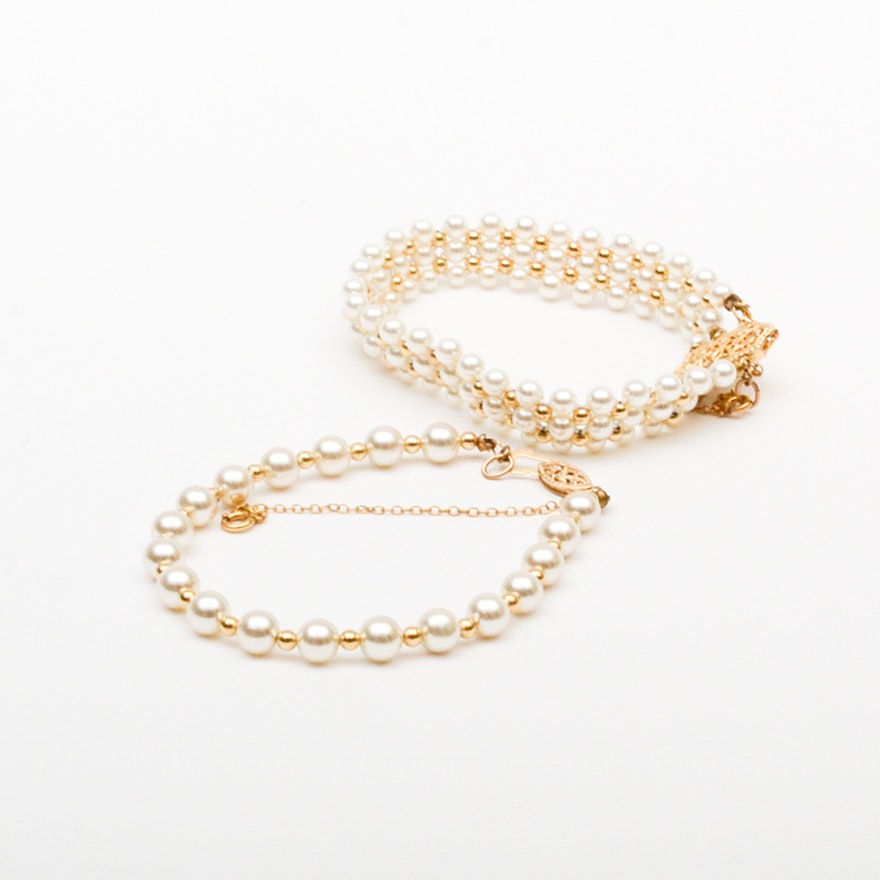 Pair of Faux Pearl Bracelets with 14K Yellow Gold Clasps