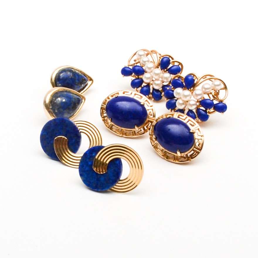 Four Pairs of 14K Yellow Gold Lapis Earrings Including Pearls