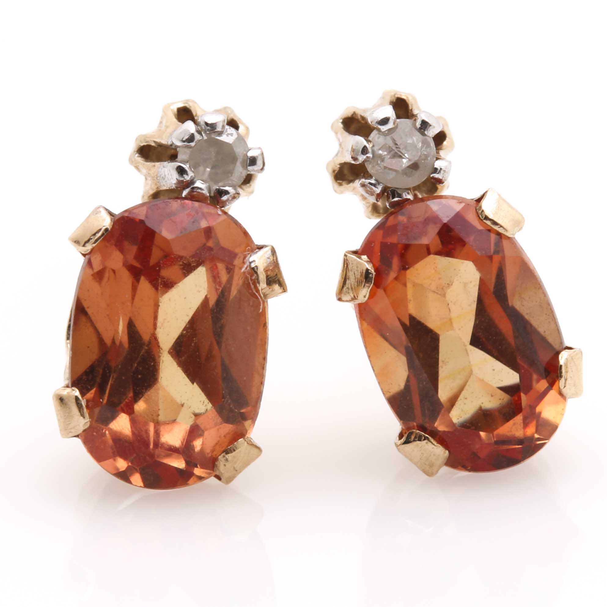 10K Yellow Gold Orange Sapphire and Diamond Stud Earrings