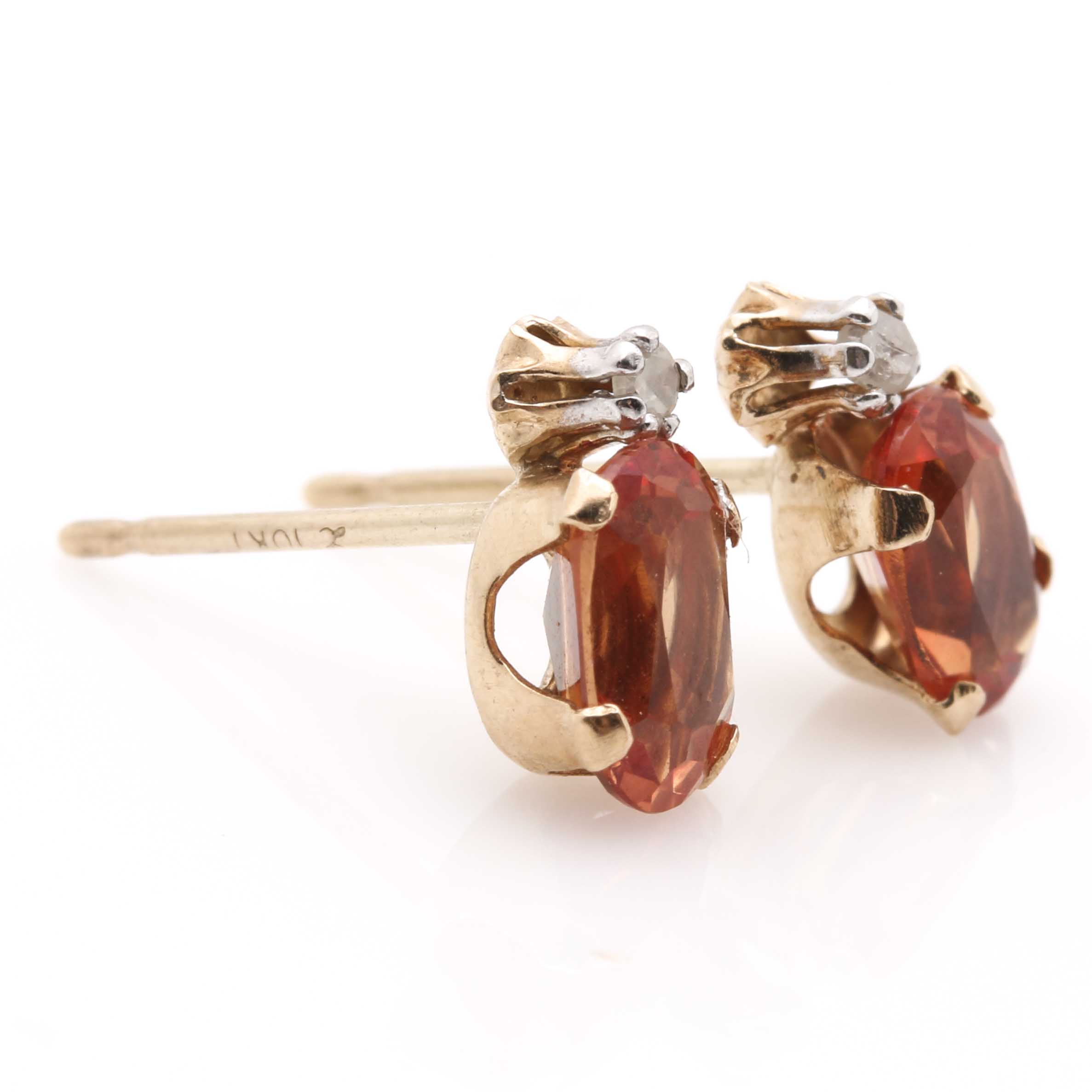 10K Yellow Gold Orange Sapphire and Diamond Stud Earrings