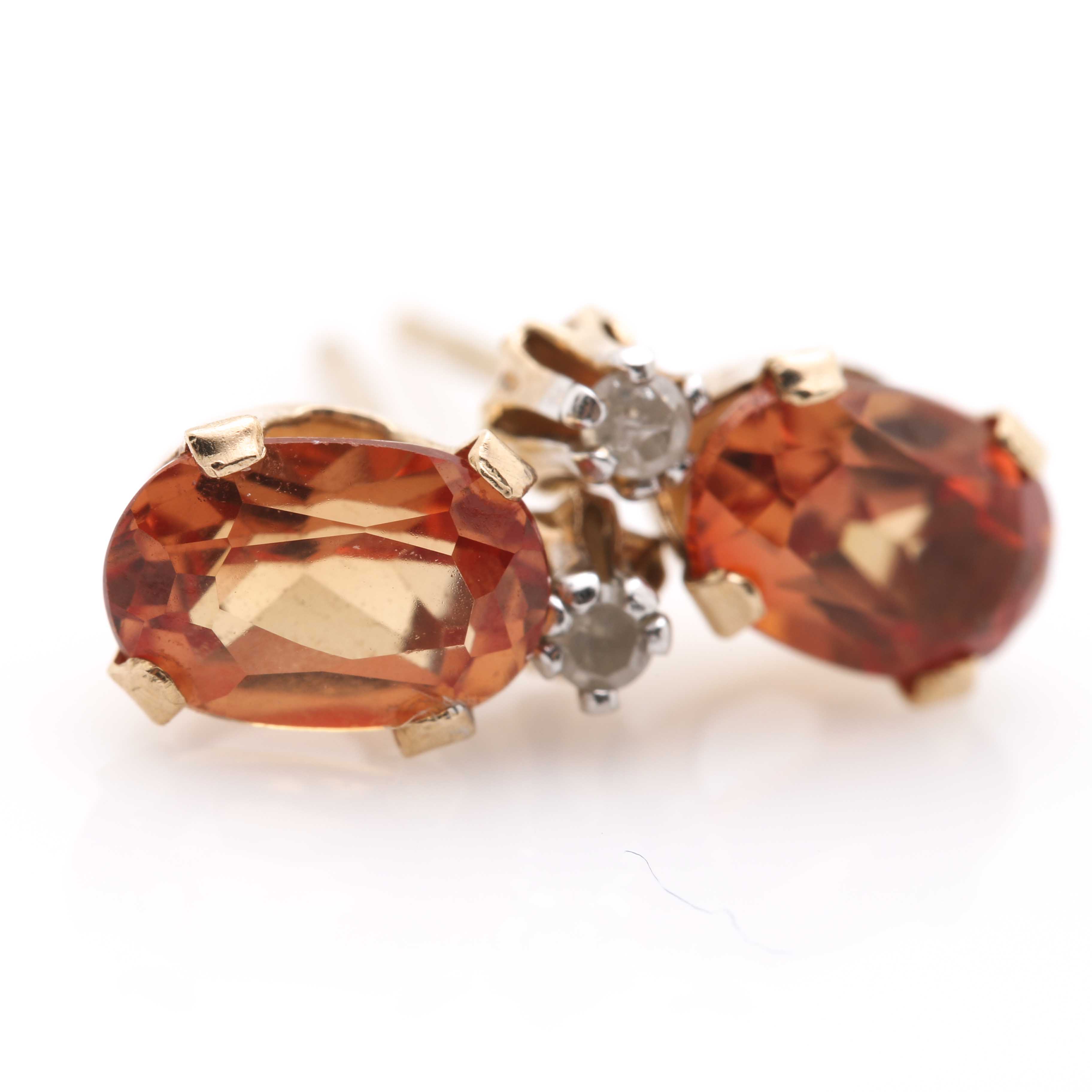 10K Yellow Gold Orange Sapphire and Diamond Stud Earrings
