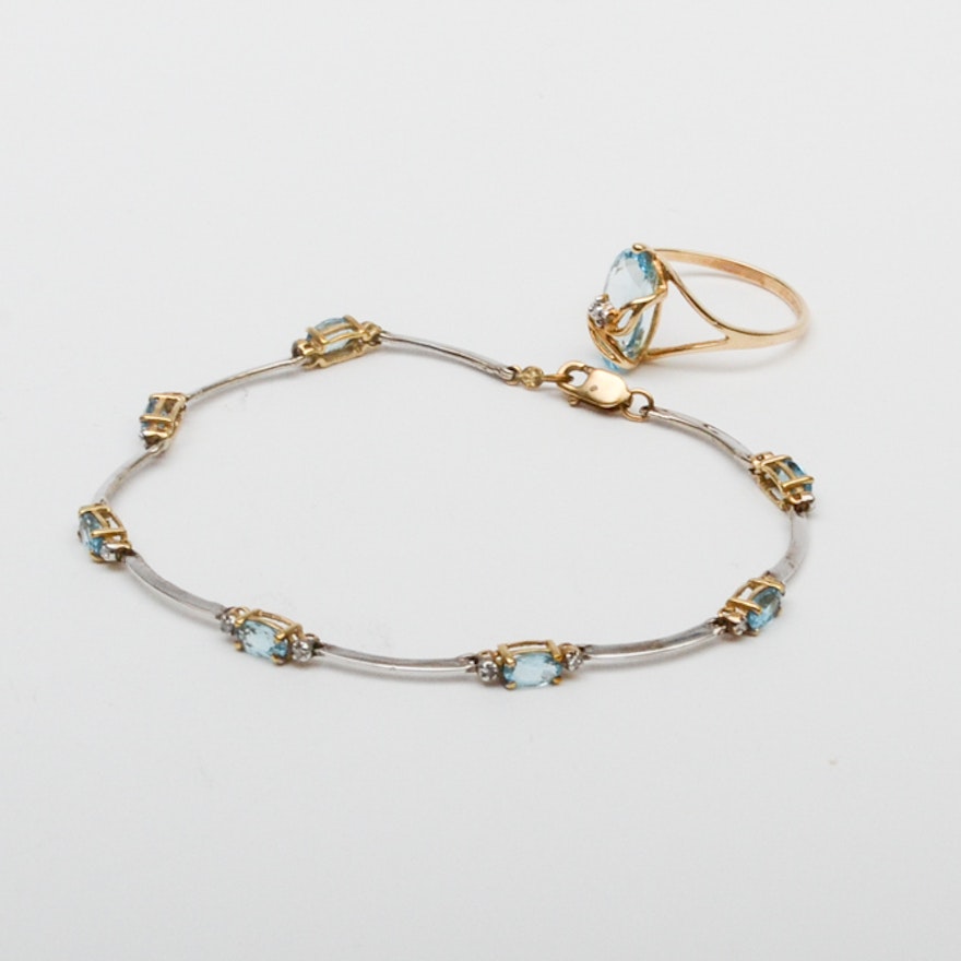 10K Yellow and White Gold Diamond and Blue Topaz Ring and Bracelet