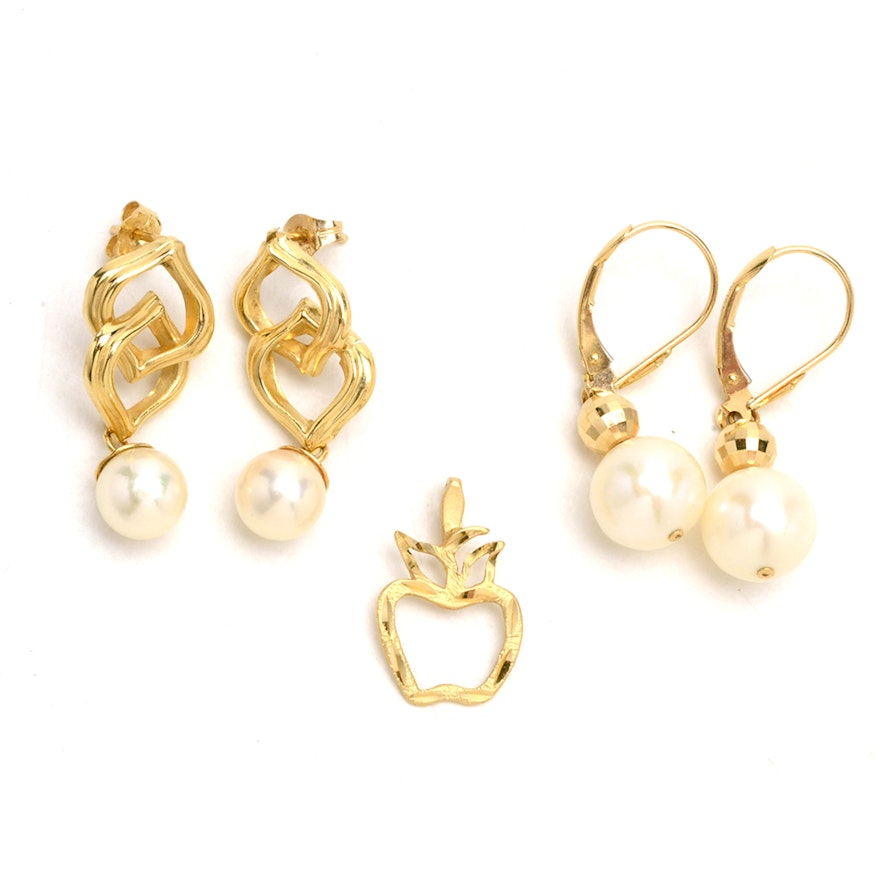 14K Yellow Gold Pearl Earrings and Charm