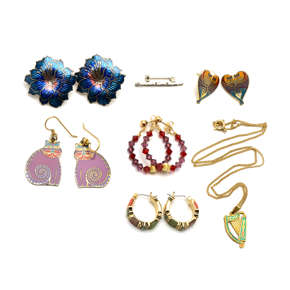 Enameled Jewelry with Cat, Flower, Irish Harp Themes