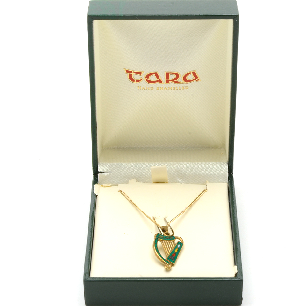 Enameled Jewelry with Cat, Flower, Irish Harp Themes