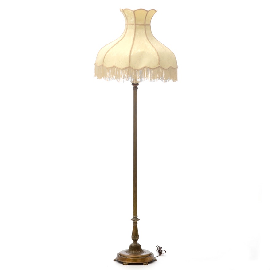 Brass-Tone Floor Lamp with Tasseled Ivory Damask Shade