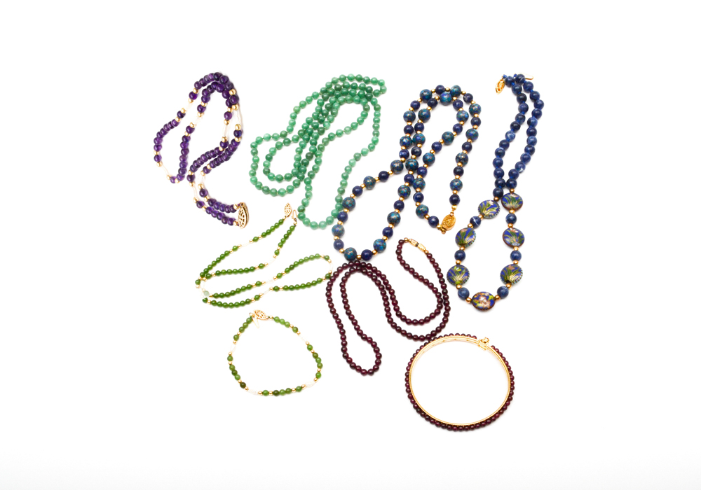 Group of Beaded Jewelry Including, Lapis, Cloisonne, Amethyst, Quartz, Nephrite, Pearls, and Garnet