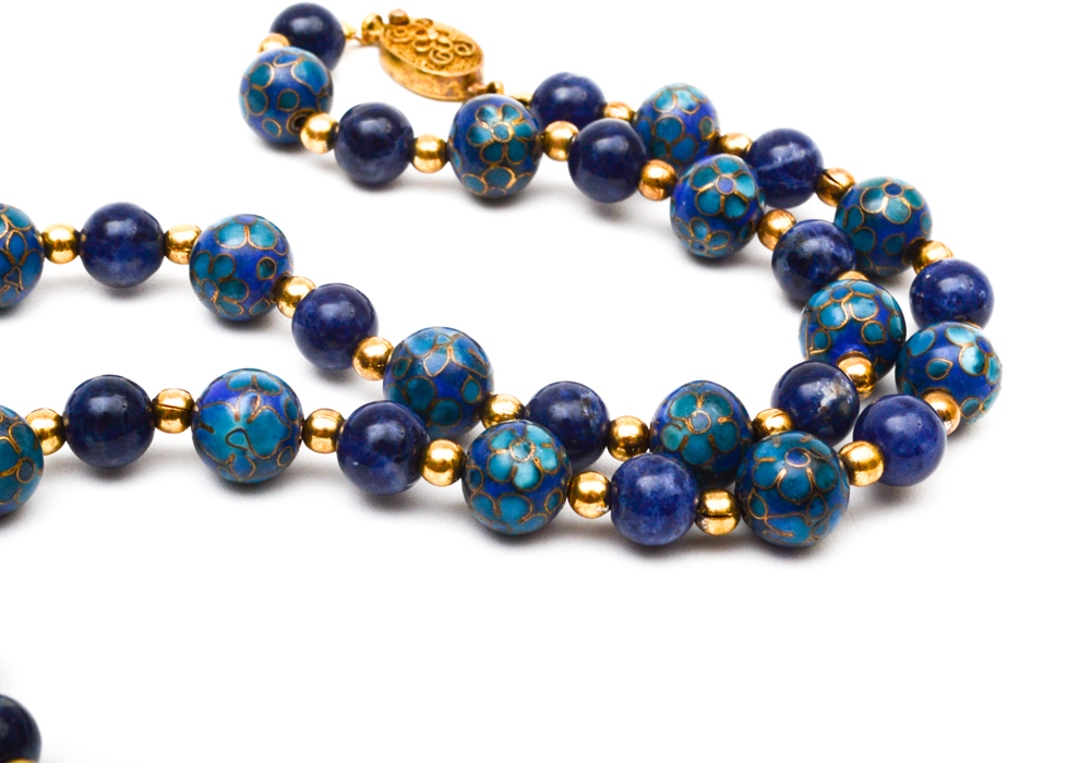 Group of Beaded Jewelry Including, Lapis, Cloisonne, Amethyst, Quartz, Nephrite, Pearls, and Garnet