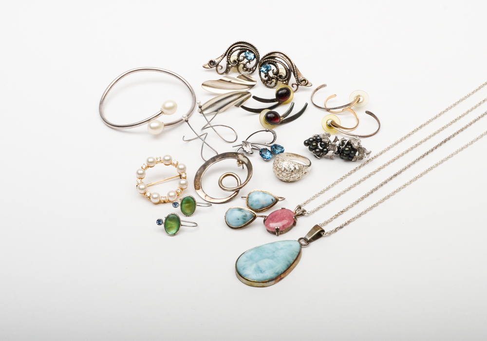 Collection of Silver Jewelry Including, Pearls, Pectolite, Blue Topaz and More