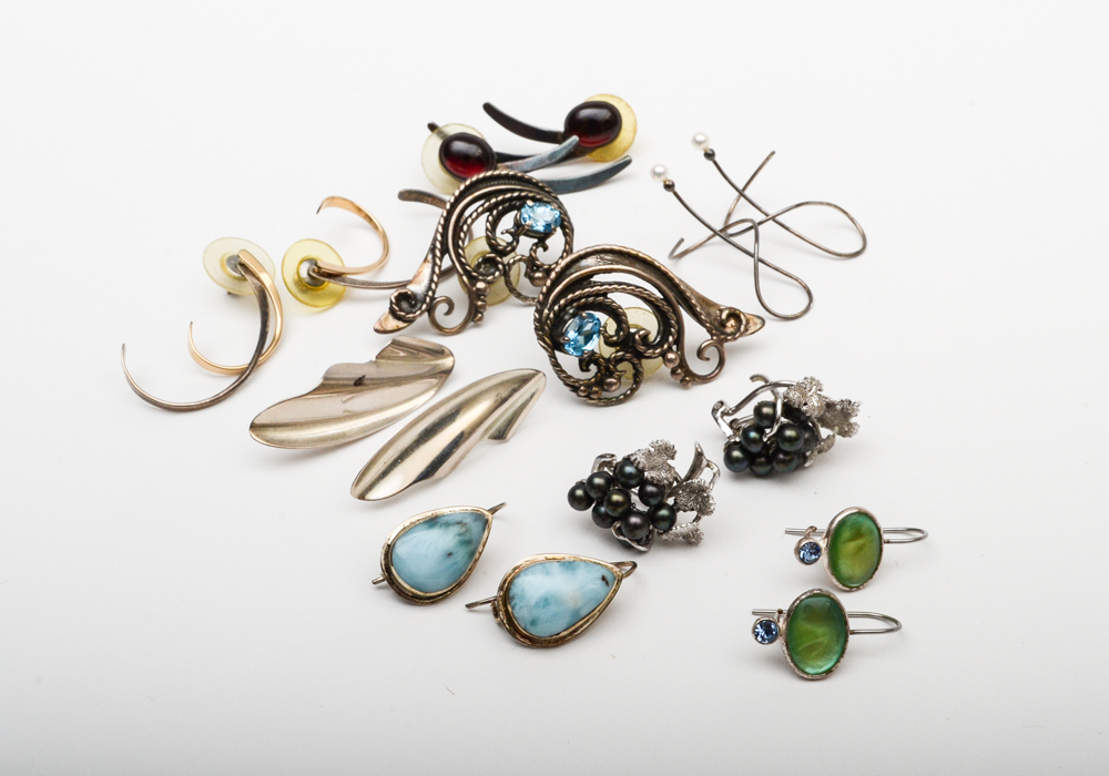 Collection of Silver Jewelry Including, Pearls, Pectolite, Blue Topaz and More