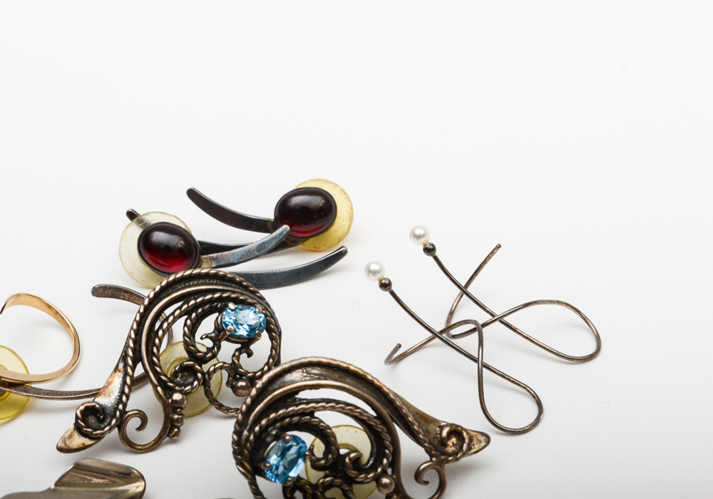 Collection of Silver Jewelry Including, Pearls, Pectolite, Blue Topaz and More