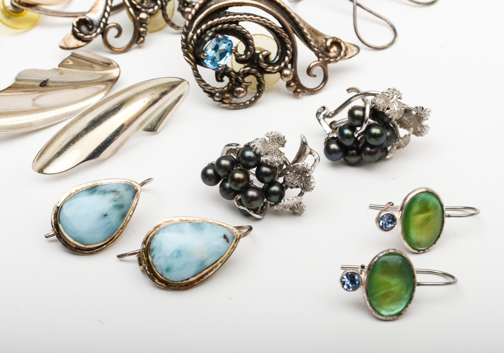 Collection of Silver Jewelry Including, Pearls, Pectolite, Blue Topaz and More