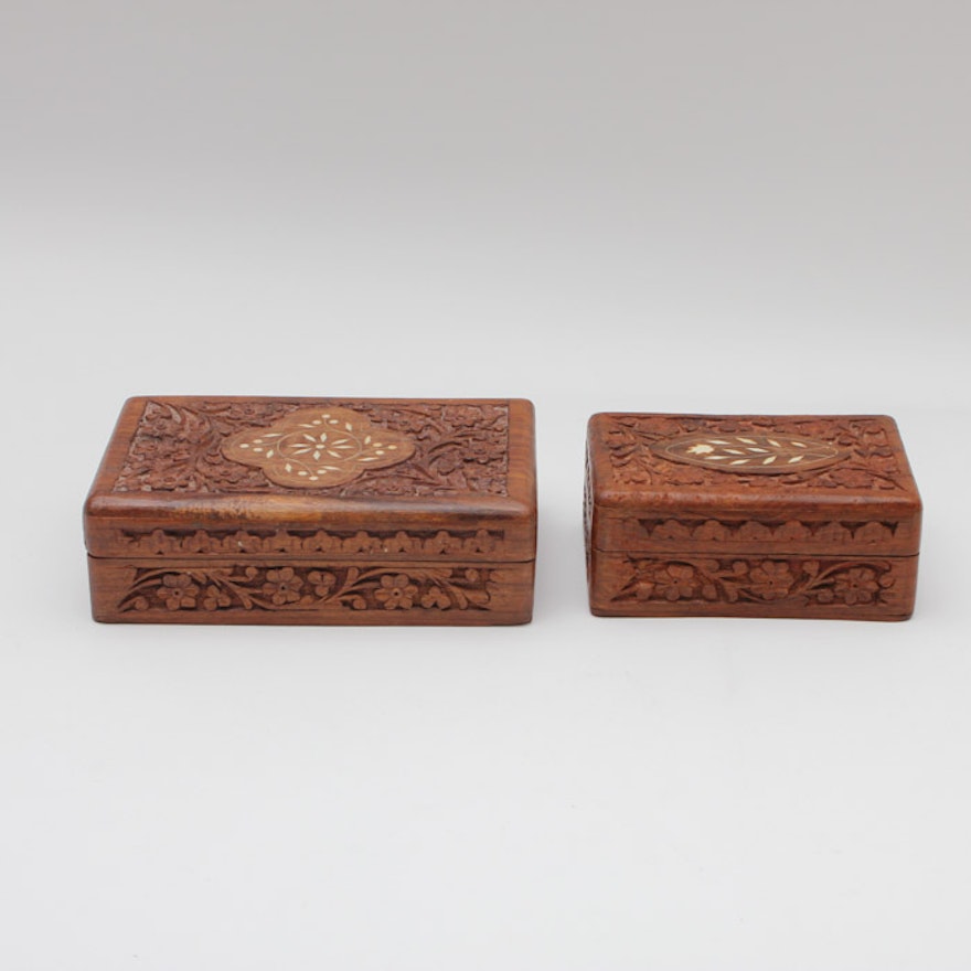 Pair of Decorative Teak Boxes with Bone Inlay
