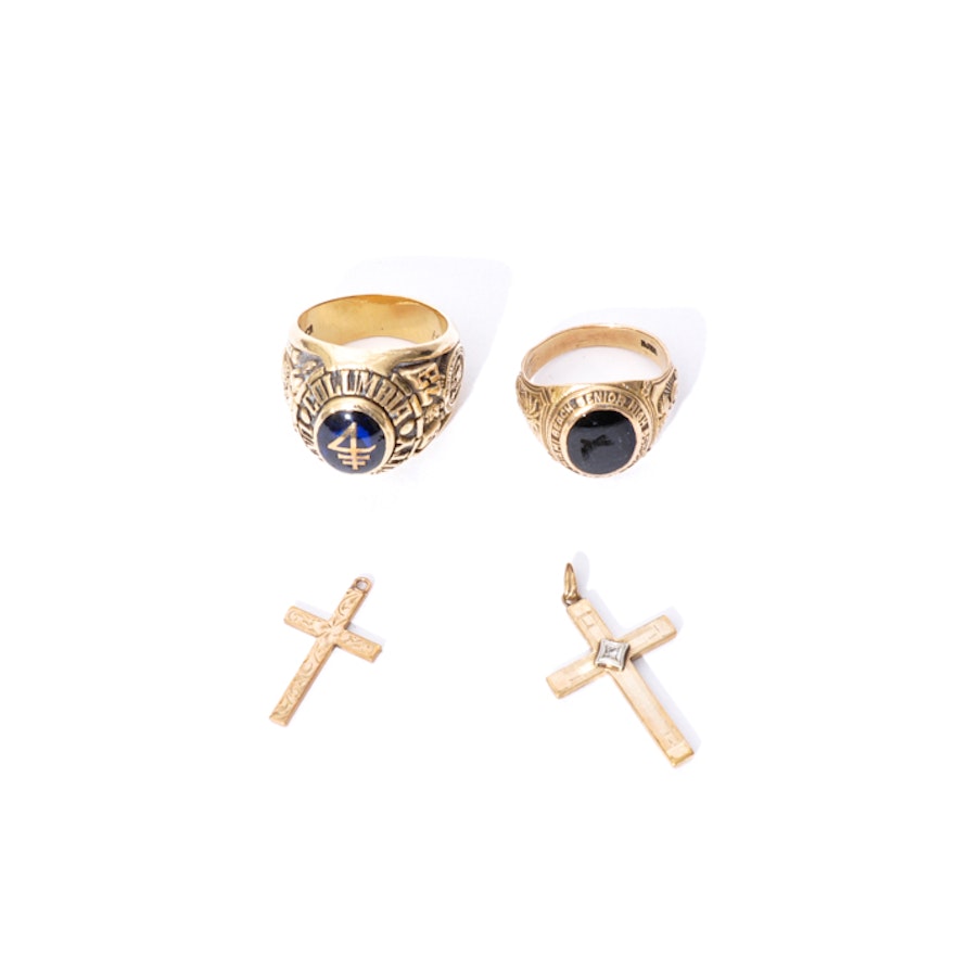 14K and 10K Gold Men's Class Rings and Pair of 10K Gold Cross and Diamond Cross Pendants