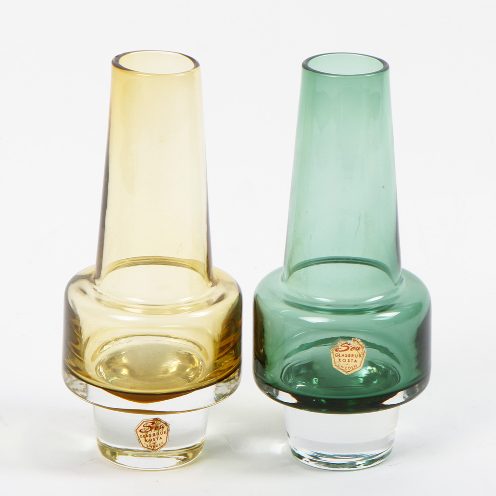 Pair of Mid Century Modern Sea Glasbruk Rocket Sea Glasbruk Kosta Vases