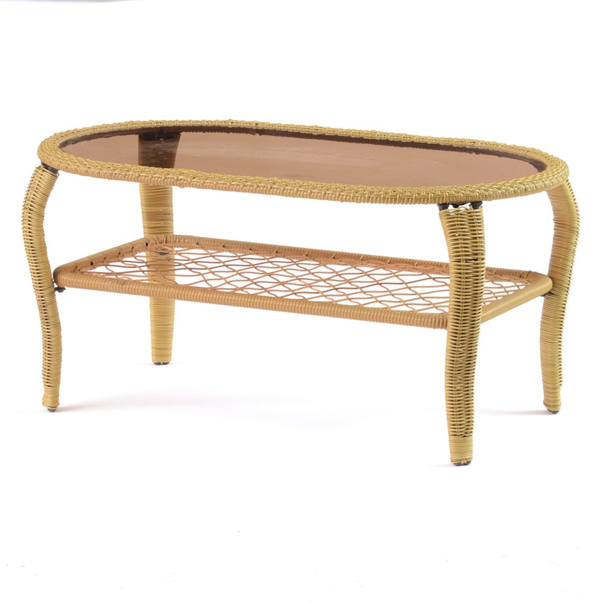 Oval Wicker Coffee Table with Tinted Glass