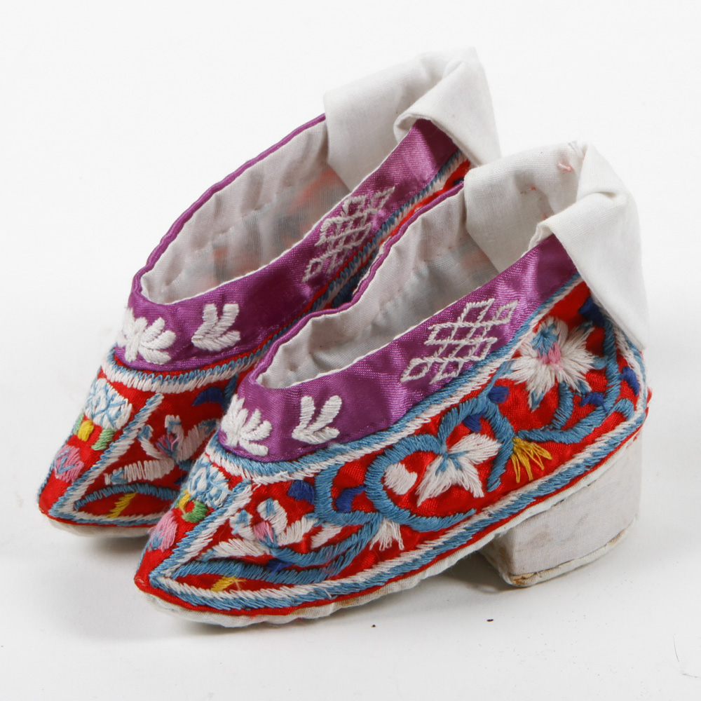 Pair of Chinese Embroidered Lotus Shoes