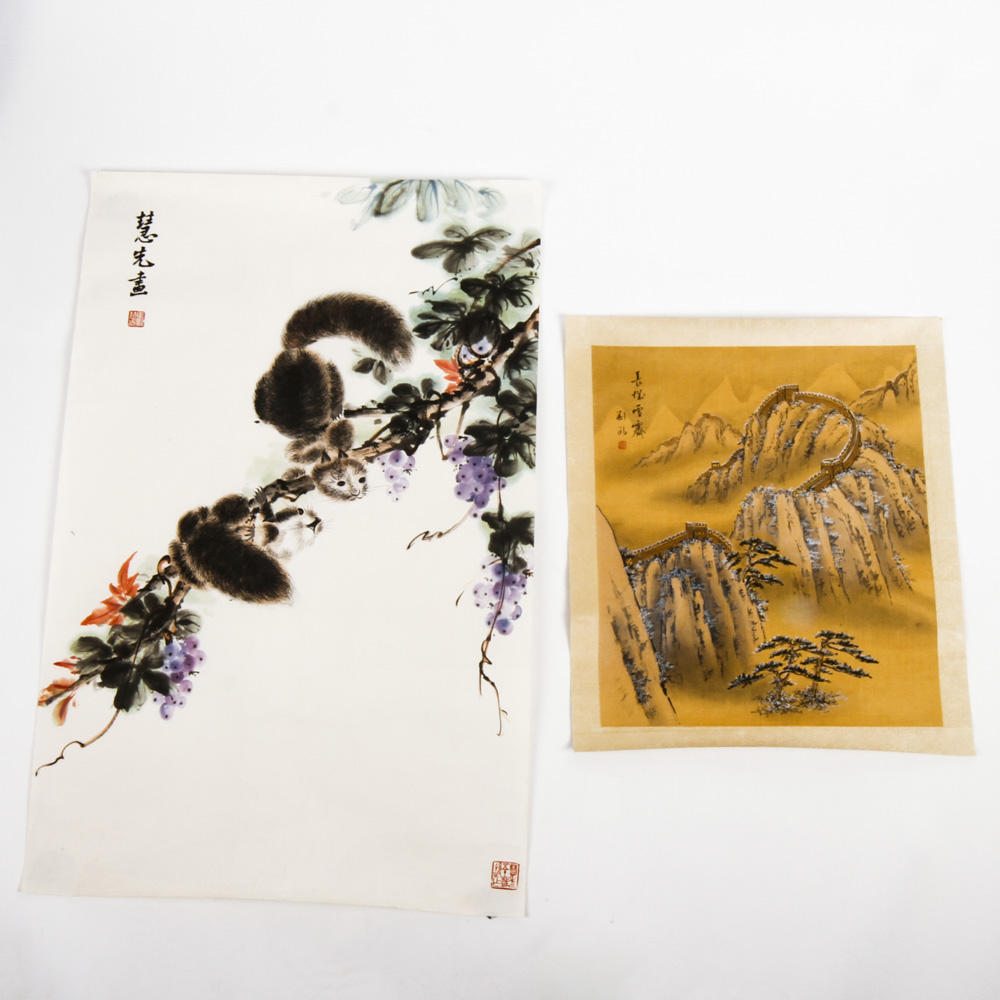 Pair of Chinese Scrolls Including a Watercolor by Ma Huixian