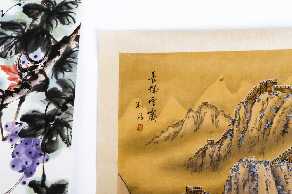 Pair of Chinese Scrolls Including a Watercolor by Ma Huixian