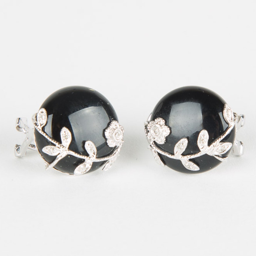 14K White Gold Diamond and Onyx Button Earrings