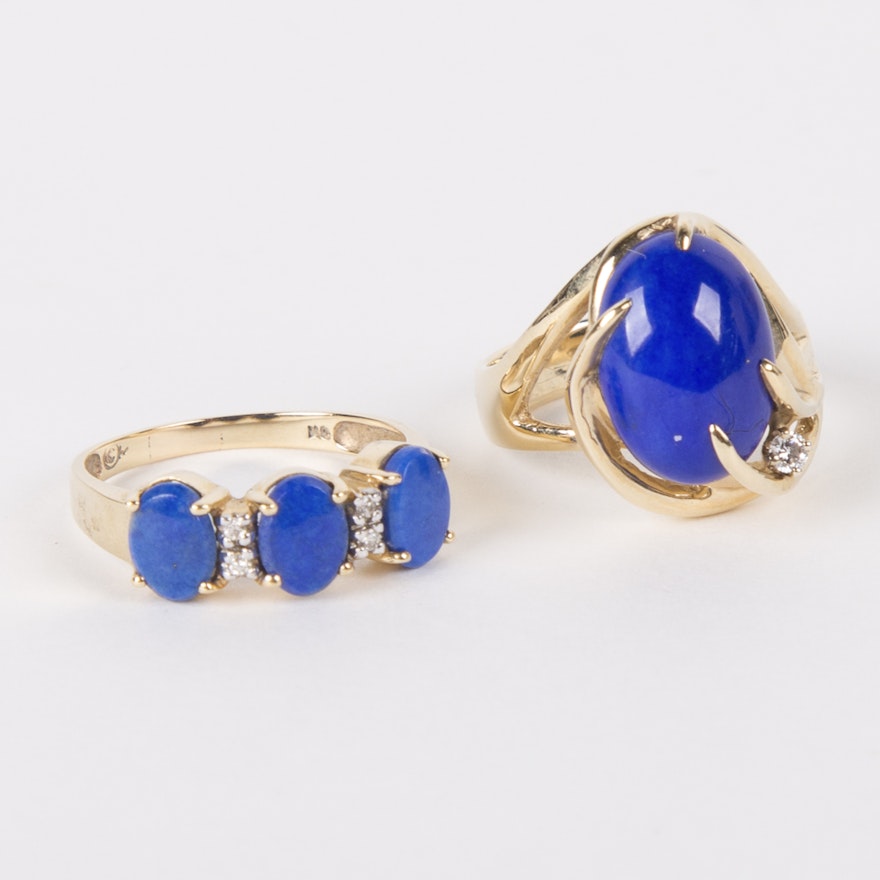 Pair of 14K Yellow Gold Diamond and Lapis Rings