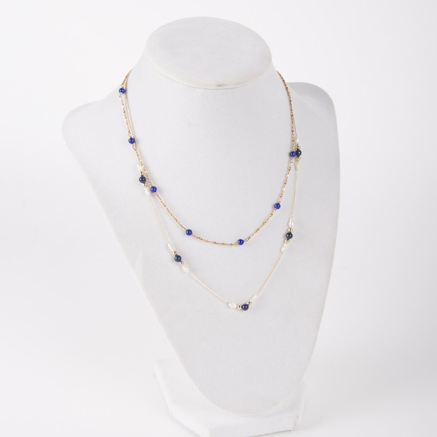Pair of 14K Yellow Gold Lapis Station Necklaces Including Pearls