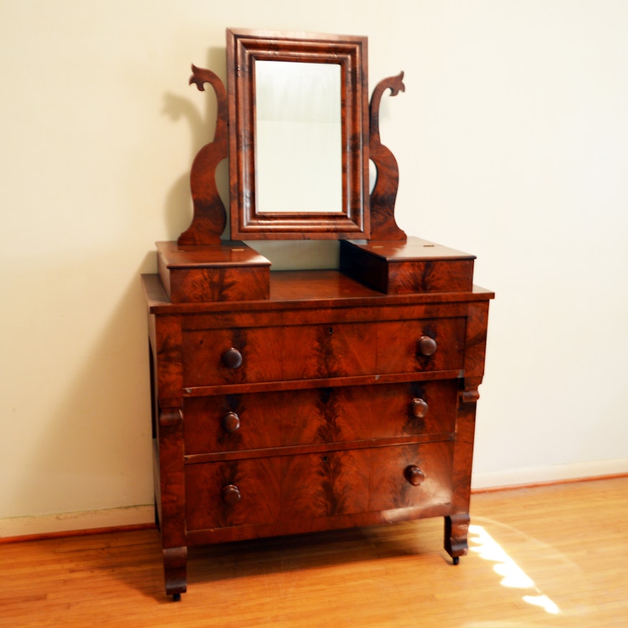 Antique Empire Style Mahogany Dresser With Mirror