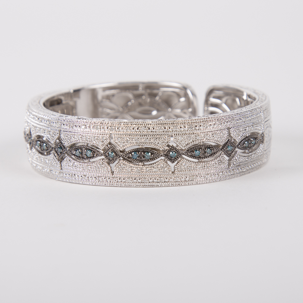 Blue and White Diamond Filigree Sterling Silver Demi Parure