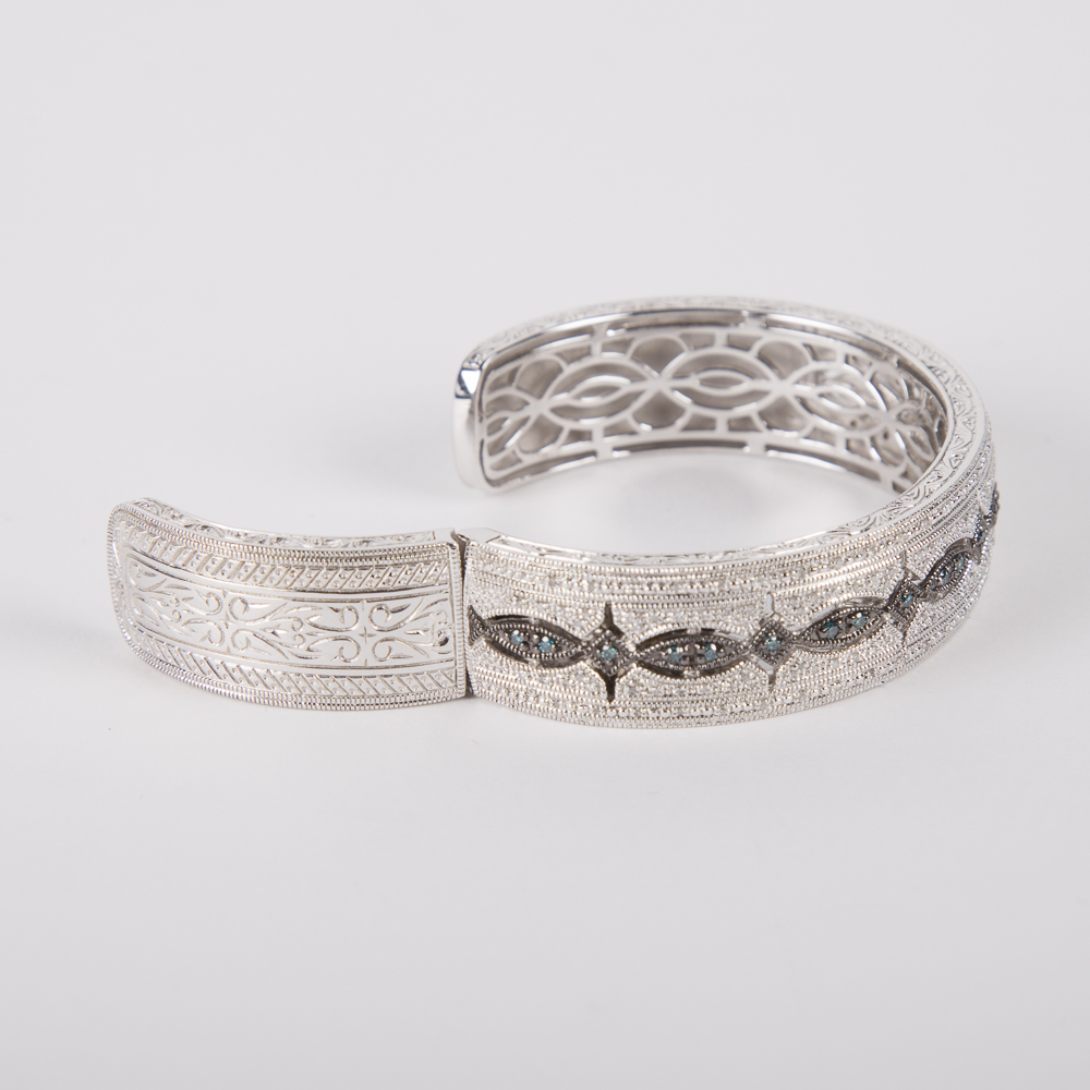 Blue and White Diamond Filigree Sterling Silver Demi Parure