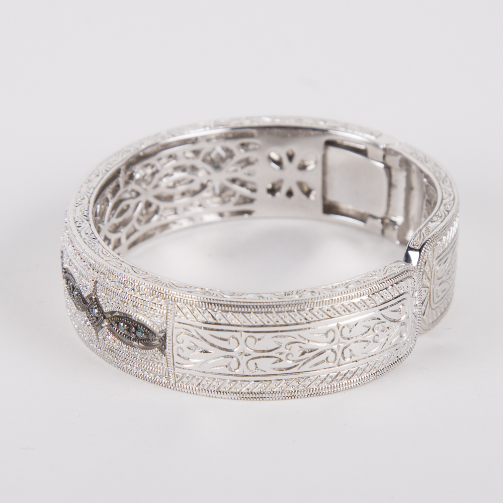 Blue and White Diamond Filigree Sterling Silver Demi Parure