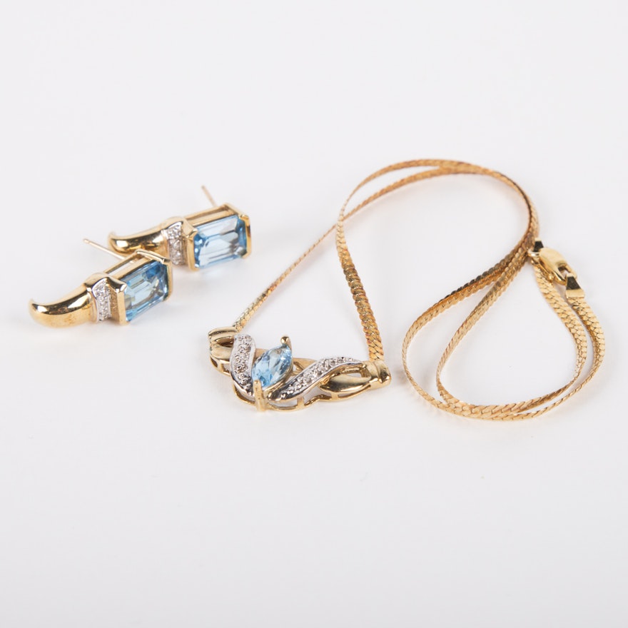 10K Yellow Gold Diamond and Blue Topaz Earrings and Necklace