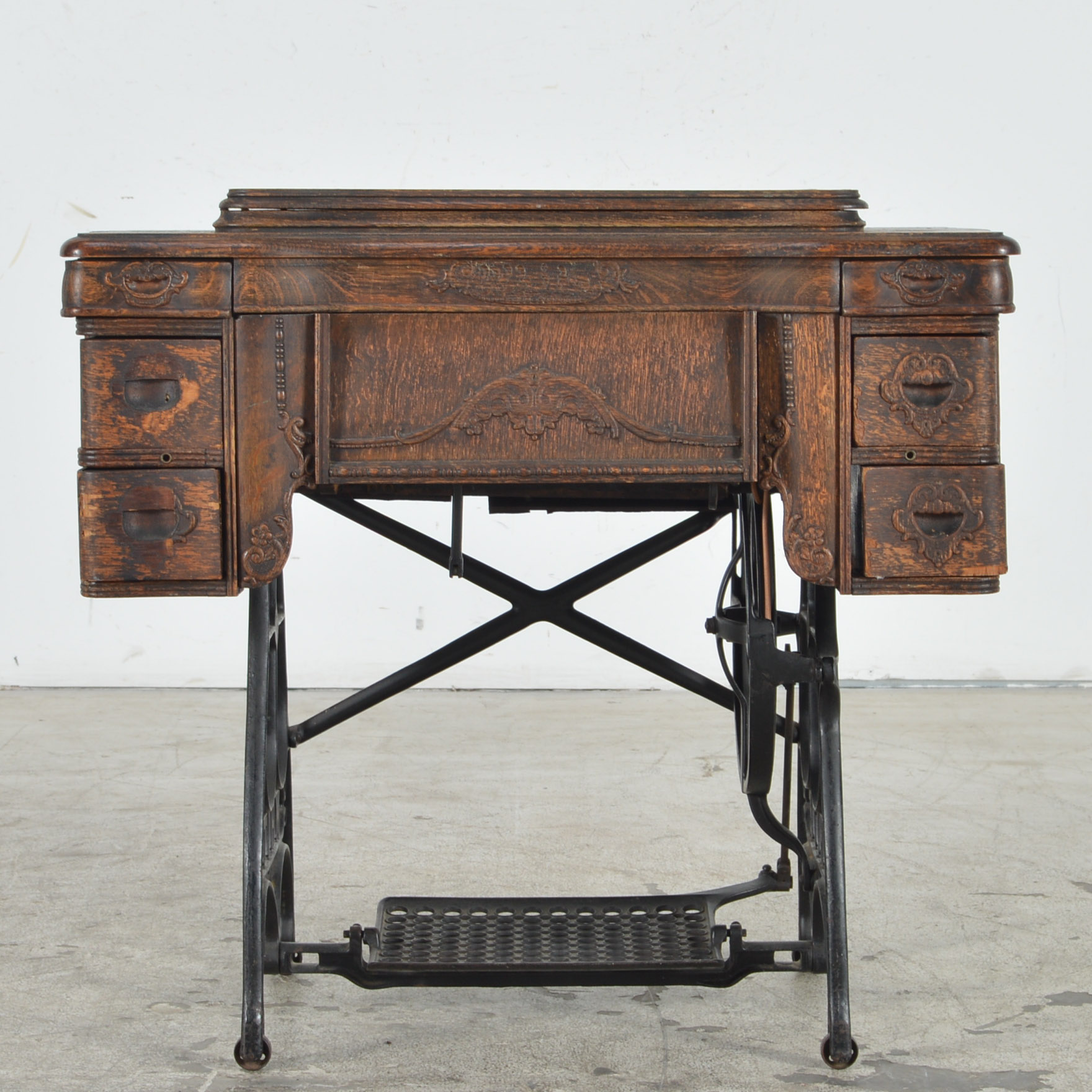 Antique White Rotary U.S.A. Sewing Machine and Oak Cabinet
