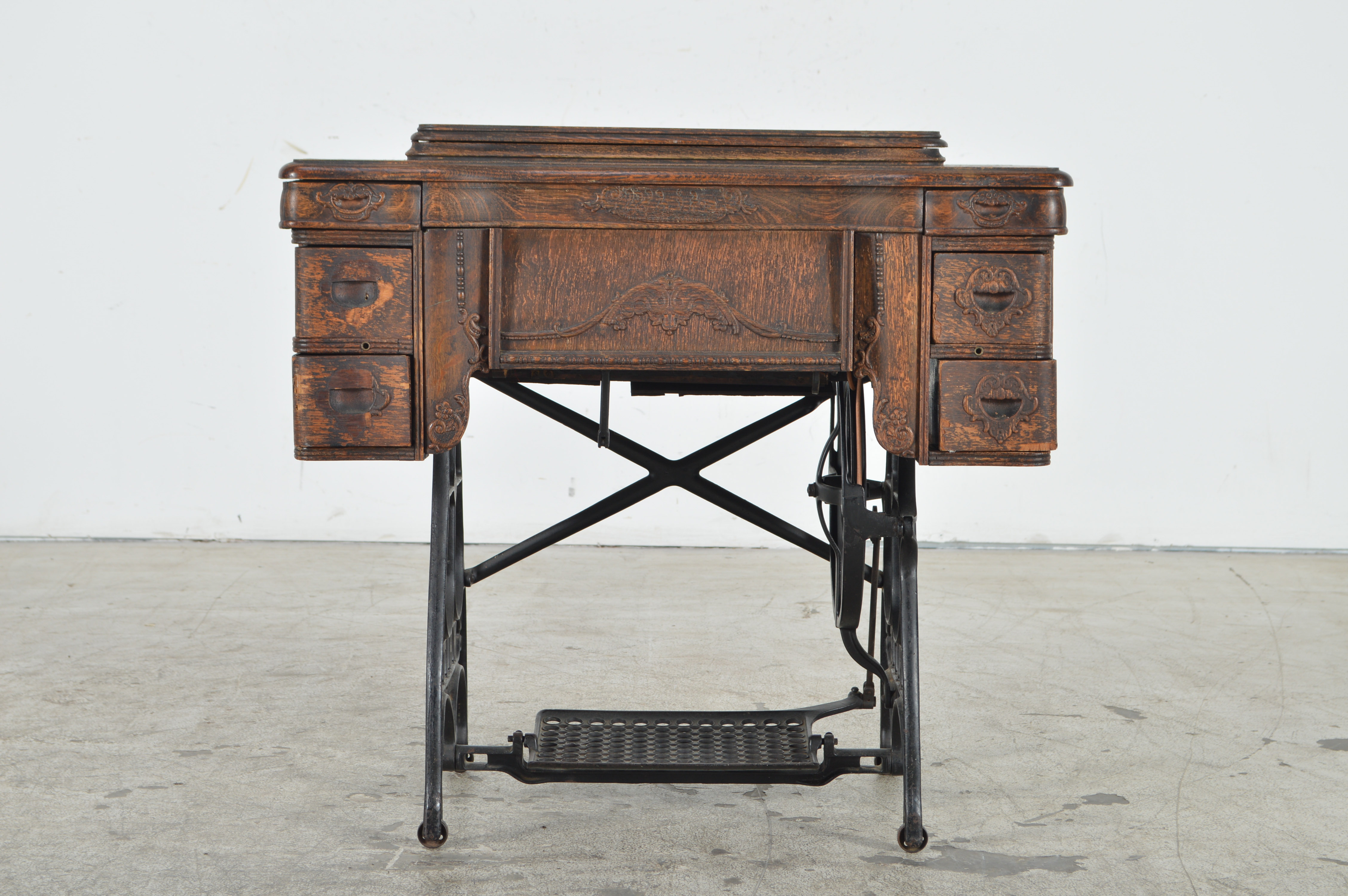 Antique White Rotary U.S.A. Sewing Machine and Oak Cabinet
