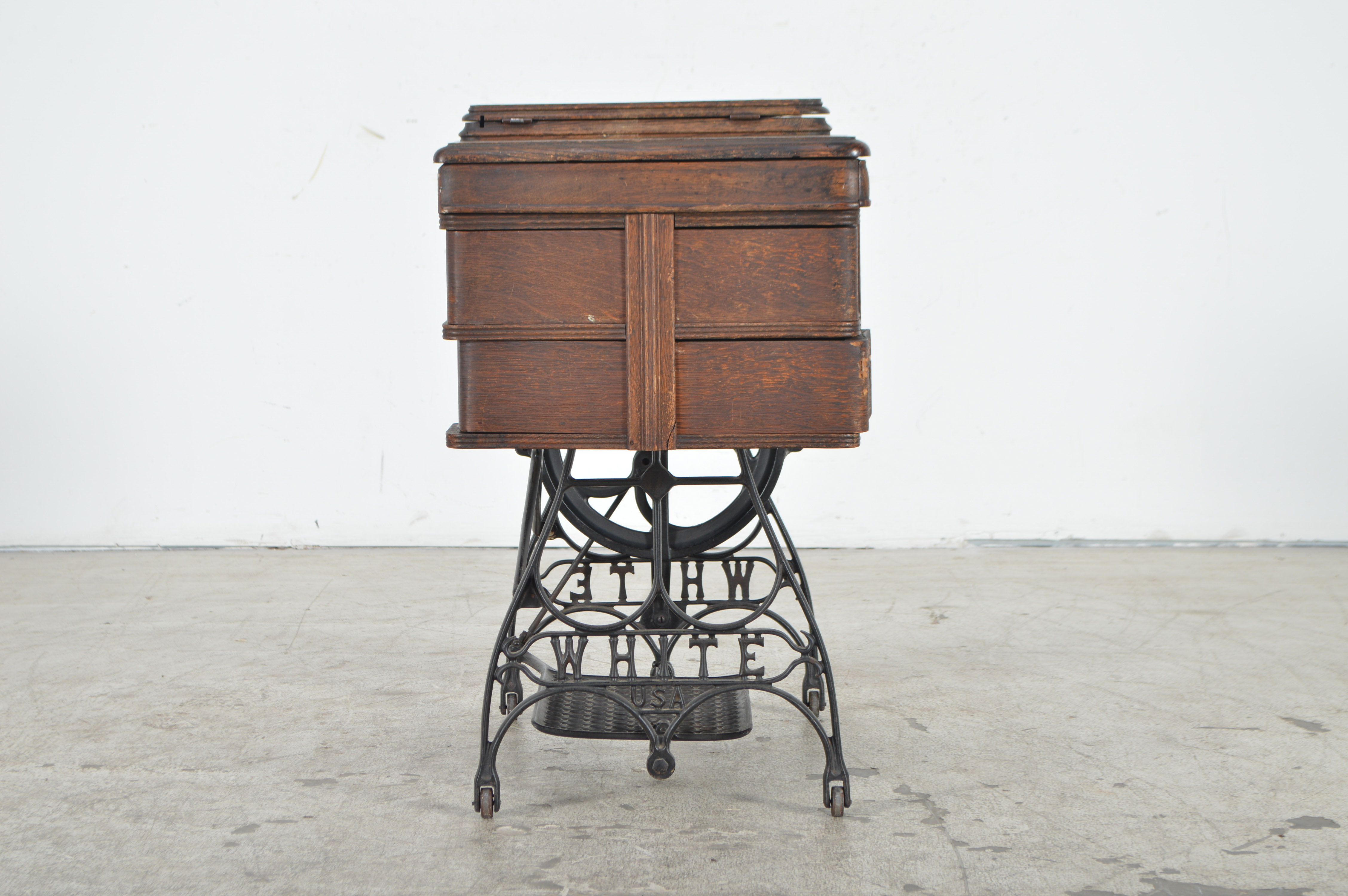 Antique White Rotary U.S.A. Sewing Machine and Oak Cabinet