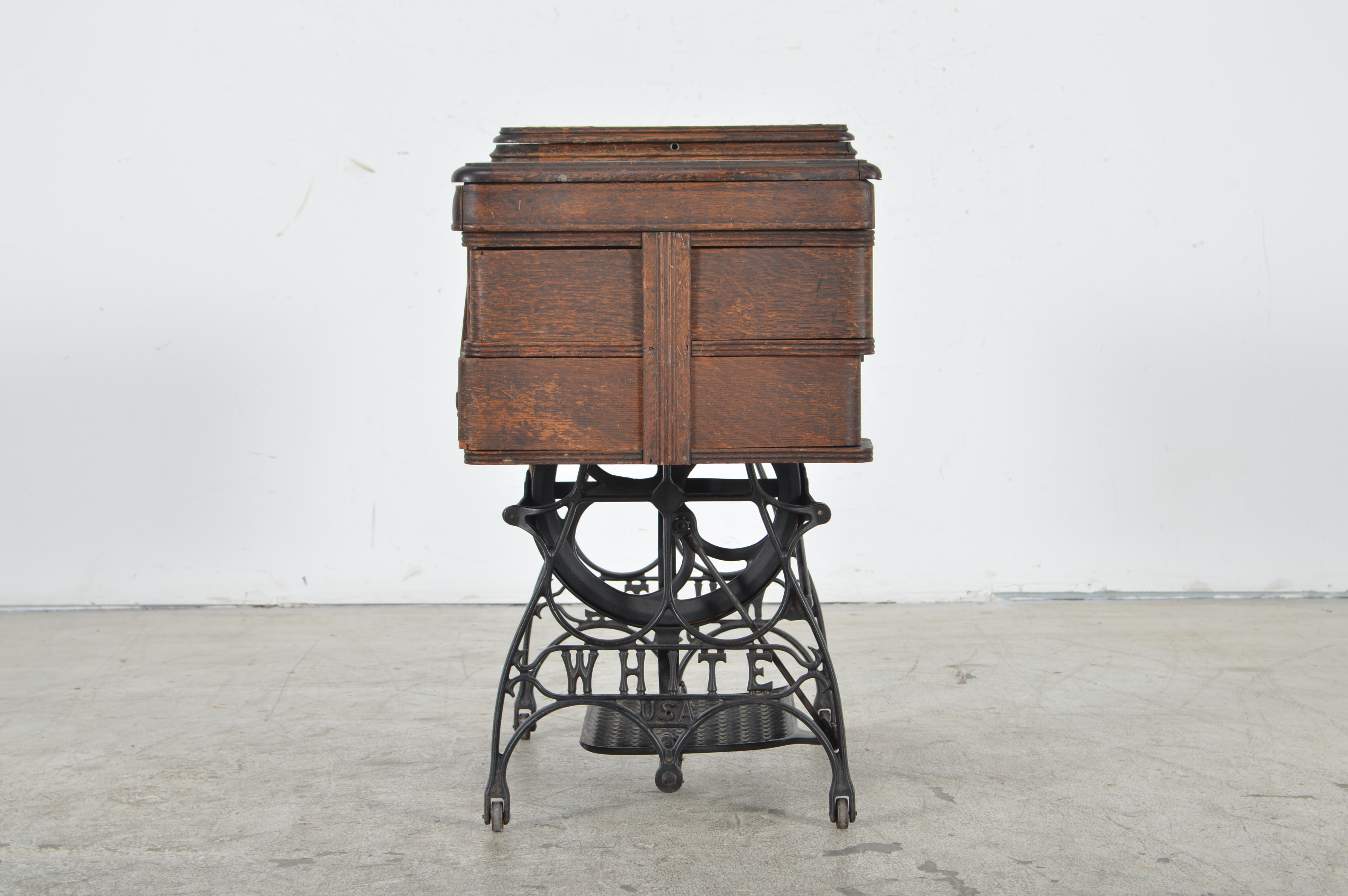 Antique White Rotary U.S.A. Sewing Machine and Oak Cabinet