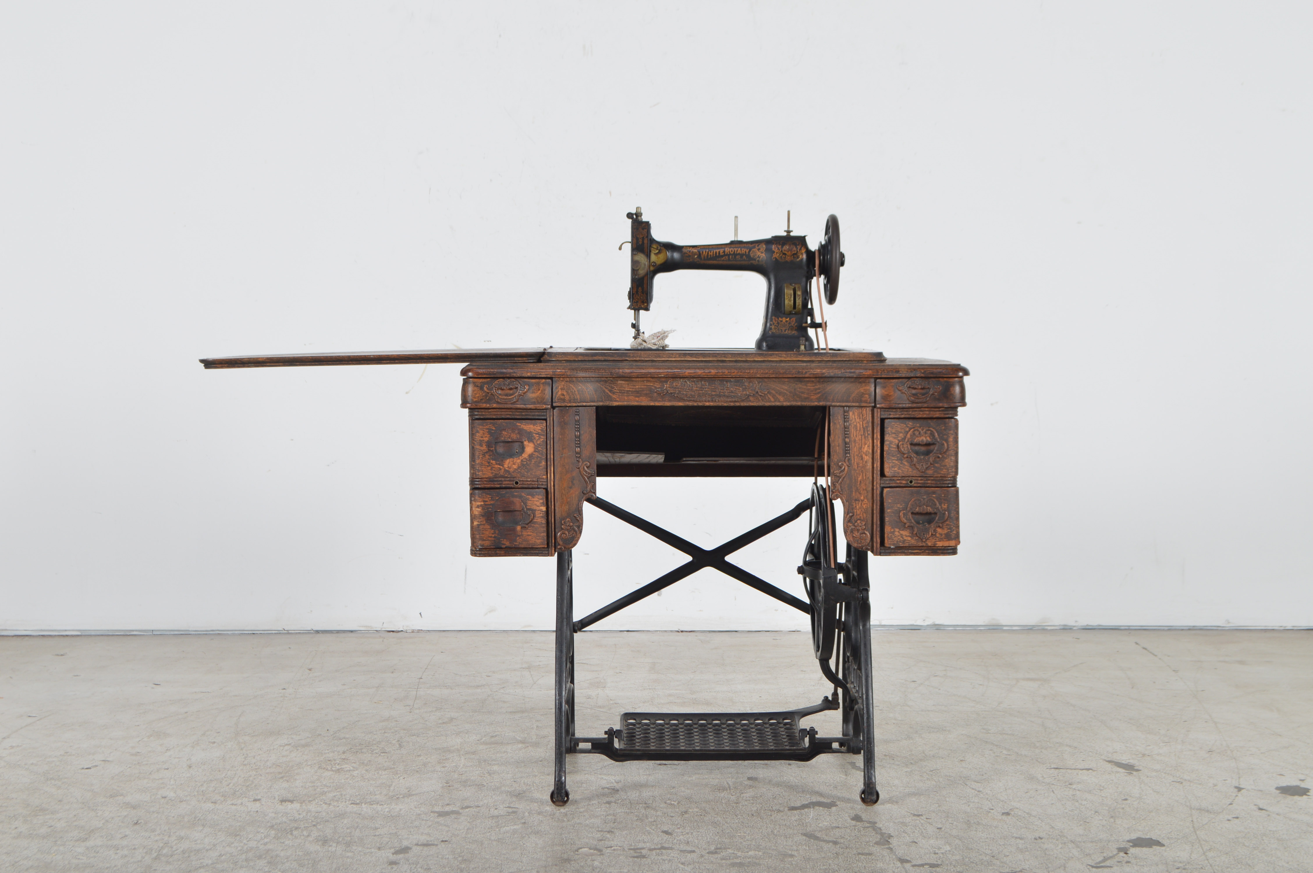 Antique White Rotary U.S.A. Sewing Machine and Oak Cabinet