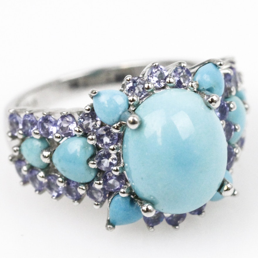 14K White Gold, Turquoise, and Tanzanite Statement Ring