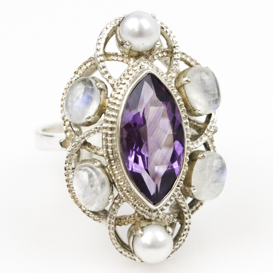Sterling Silver, Amethyst, Moonstone, and Pearl Navette Ring