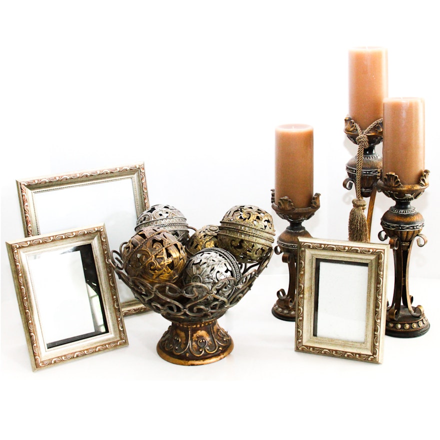 Metal and Wooden Candlesticks, Frames and Console Bowl Decor