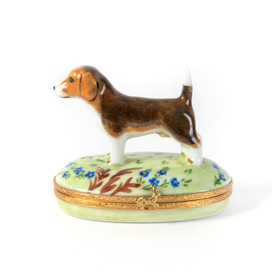 Limoges Hand Painted Porcelain Dog Trinket Box