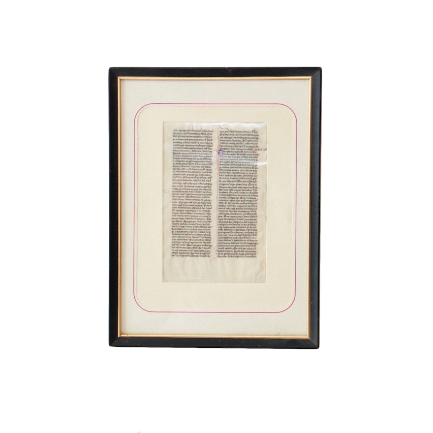 Framed Medieval Manuscript Leaf and 16th Century Hand-Illuminated Printed Pages From Gerard Jansen's "Ten Treaties Concerning the [Catholic] Church"