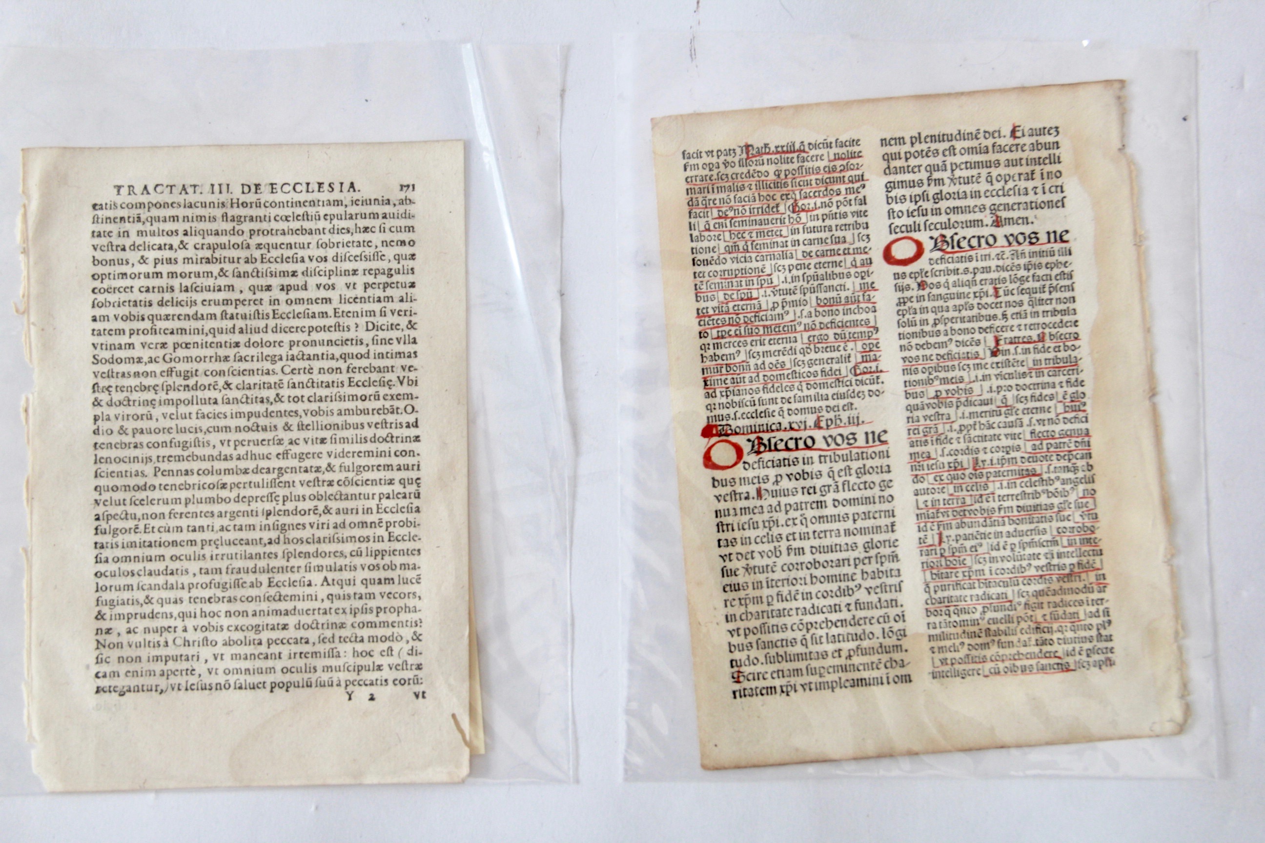 Framed Medieval Manuscript Leaf and 16th Century Hand-Illuminated Printed Pages From Gerard Jansen's "Ten Treaties Concerning the [Catholic] Church"