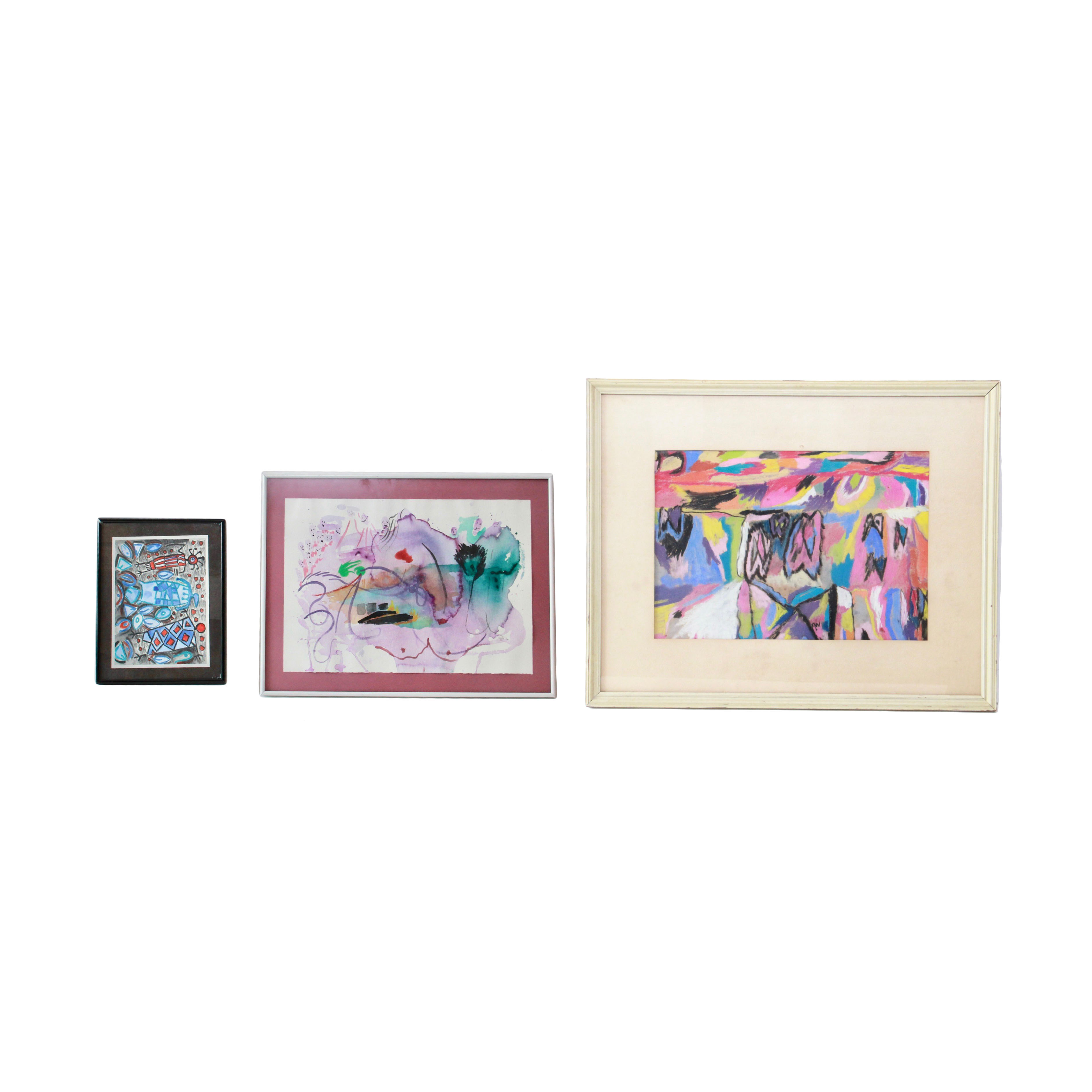 Watercolor Paintings and Color Pencil Drawing on Paper of Abstract Scenes