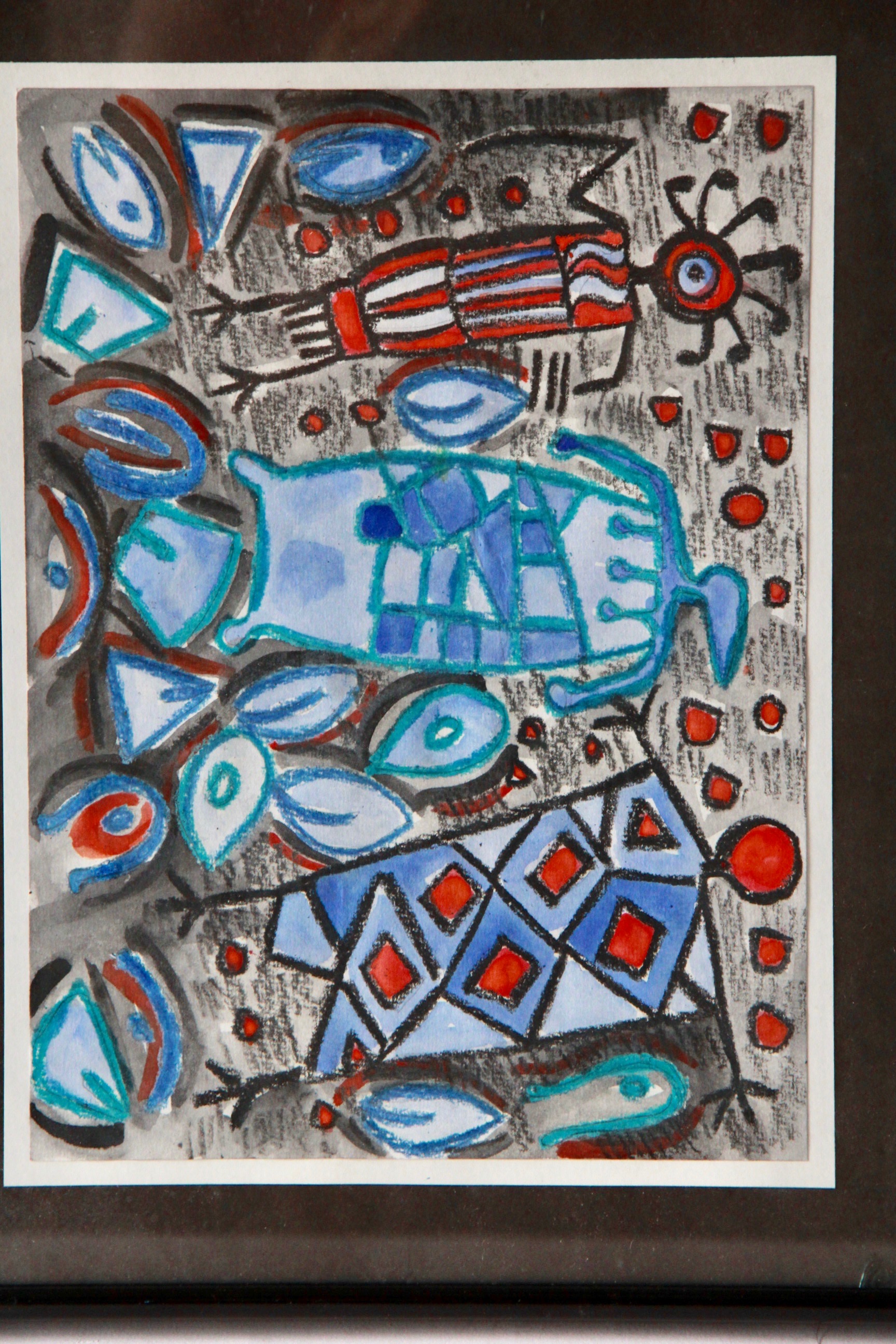 Watercolor Paintings and Color Pencil Drawing on Paper of Abstract Scenes