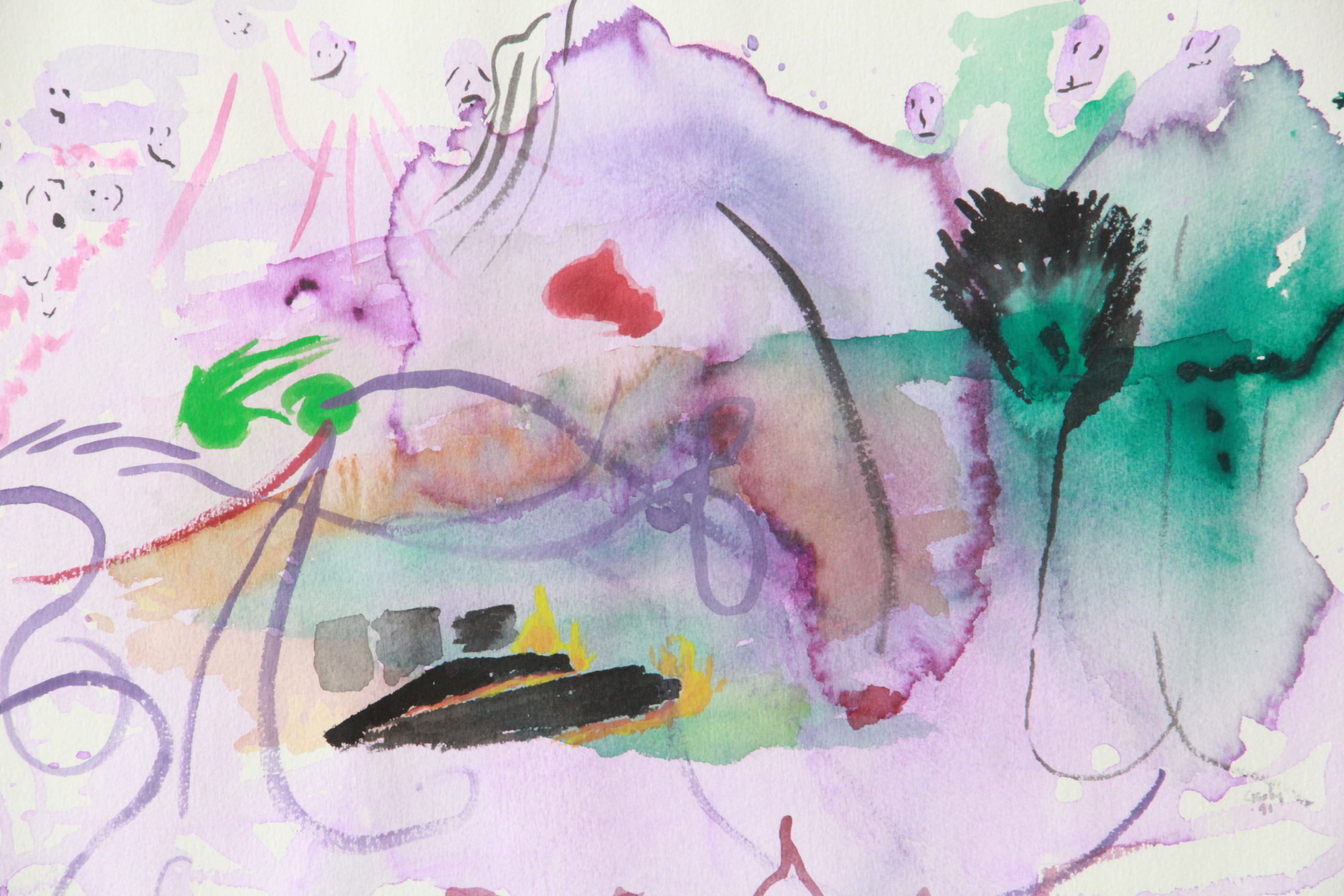 Watercolor Paintings and Color Pencil Drawing on Paper of Abstract Scenes