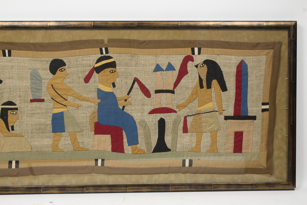 Framed Quilt Depicting Egyptian Hieroglyphics