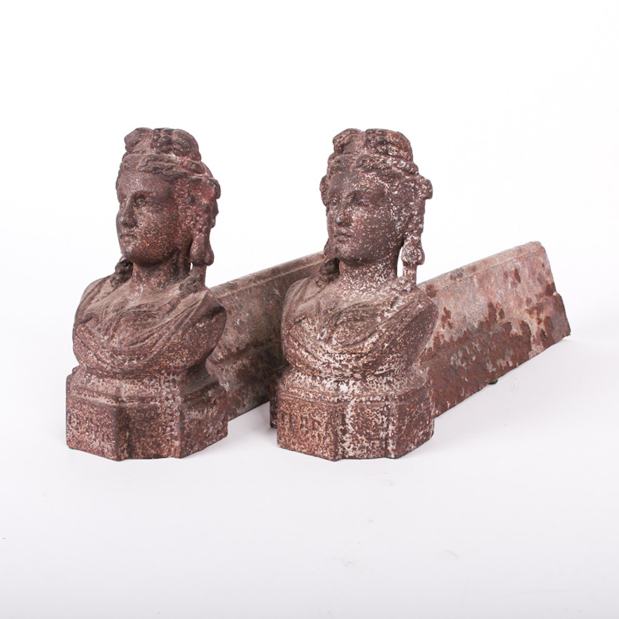 Pair of Cast Iron Bust Andirons