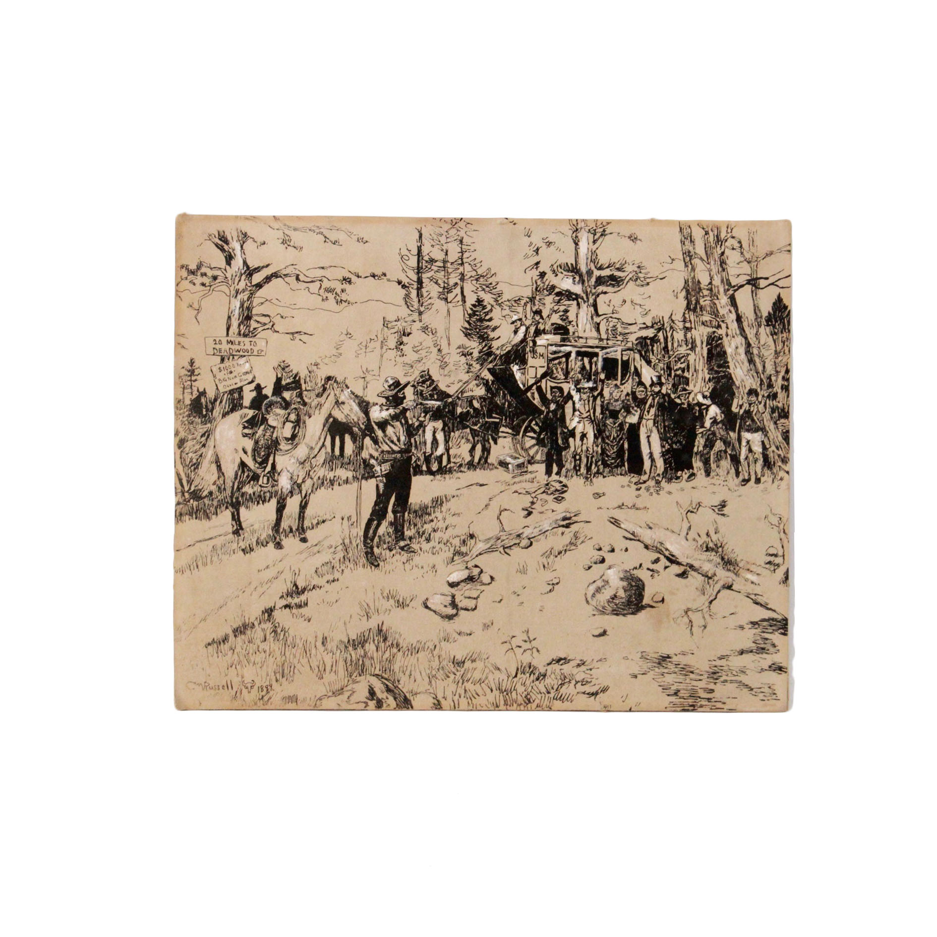 After Charles Marion Russell Print on Leather "The Hold Up (20 Miles to Deadwood)"
