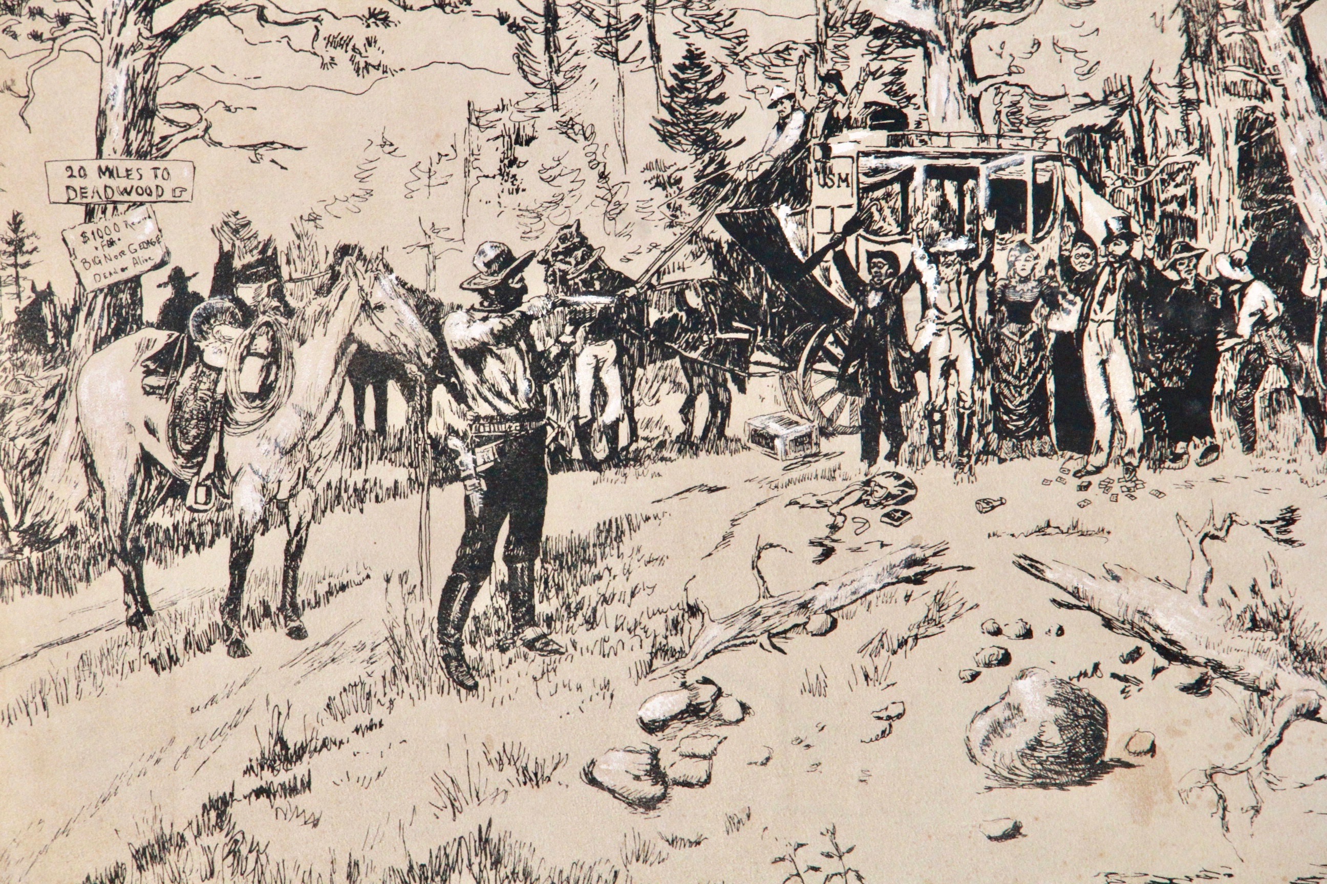 After Charles Marion Russell Print on Leather "The Hold Up (20 Miles to Deadwood)"